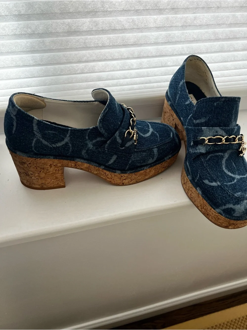 CHANEL Blue Denim Chain-Trim Loafers